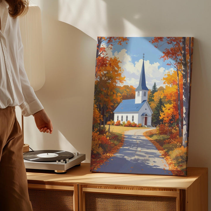 Autumn Chapel Canvas – White Country Church Amid Golden Forest Path - Gifitto