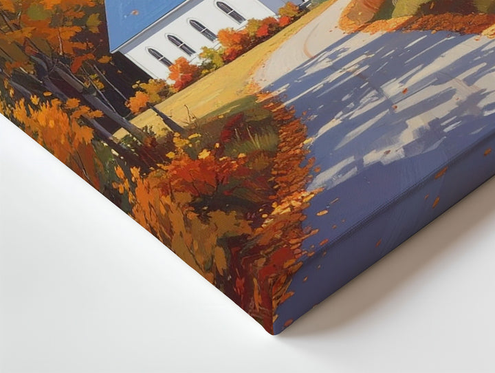 Autumn Chapel Canvas – White Country Church Amid Golden Forest Path - Gifitto
