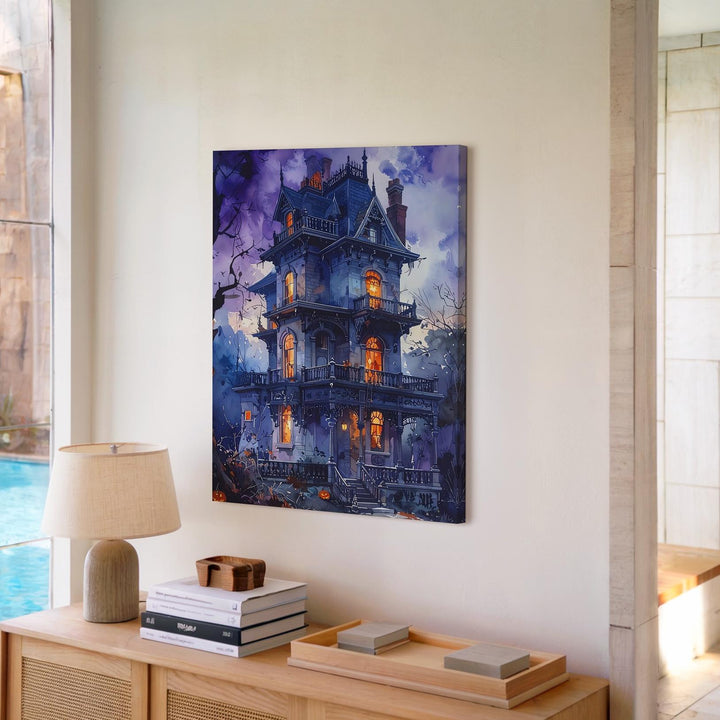 Victorian Haunted House Canvas – Glowing Gothic Halloween Mansion Art - Gifitto