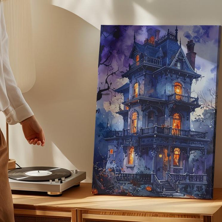 Victorian Haunted House Canvas – Glowing Gothic Halloween Mansion Art - Gifitto