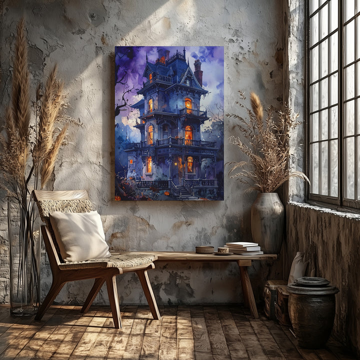 Victorian Haunted House Canvas – Glowing Gothic Halloween Mansion Art - Gifitto