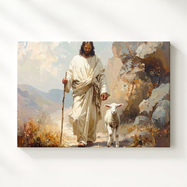 Shepherd’s Tender Care Canvas – Jesus Guiding Lamb in Textured Abstract Landscape - Gifitto