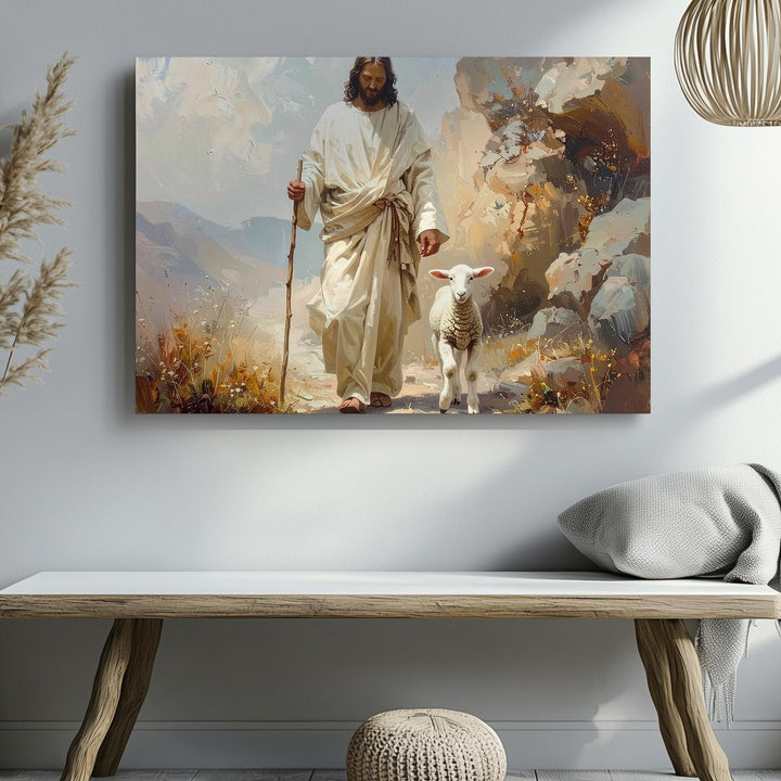 Shepherd’s Tender Care Canvas – Jesus Guiding Lamb in Textured Abstract Landscape - Gifitto