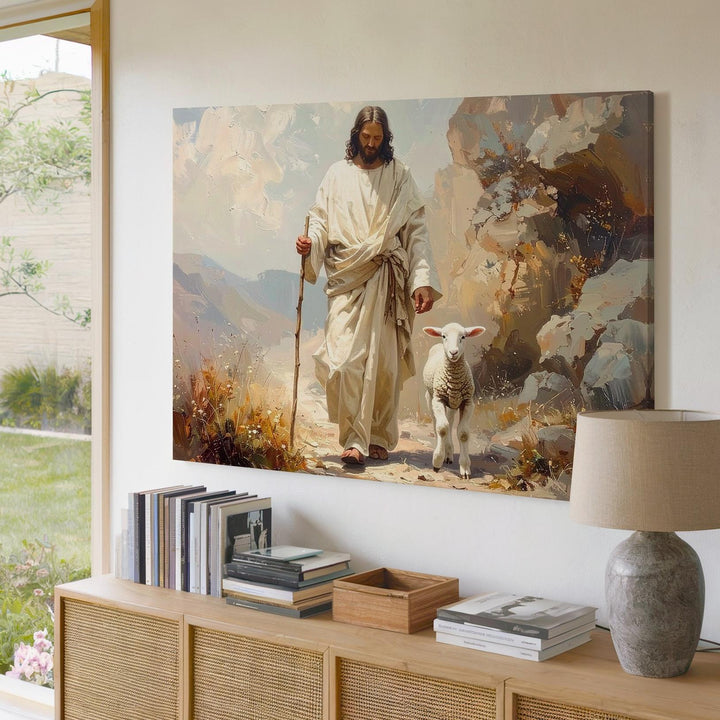 Shepherd’s Tender Care Canvas – Jesus Guiding Lamb in Textured Abstract Landscape - Gifitto