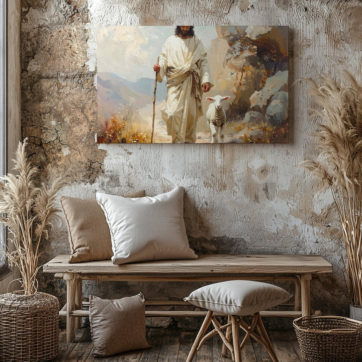 Shepherd’s Tender Care Canvas – Jesus Guiding Lamb in Textured Abstract Landscape - Gifitto