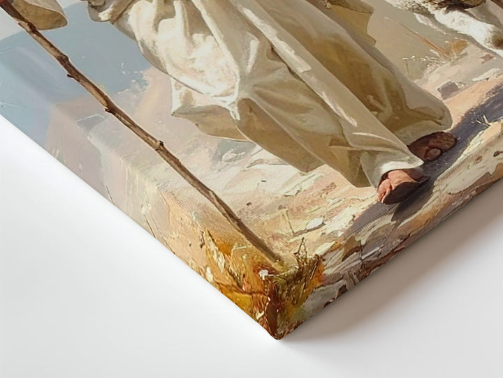 Shepherd’s Tender Care Canvas – Jesus Guiding Lamb in Textured Abstract Landscape - Gifitto