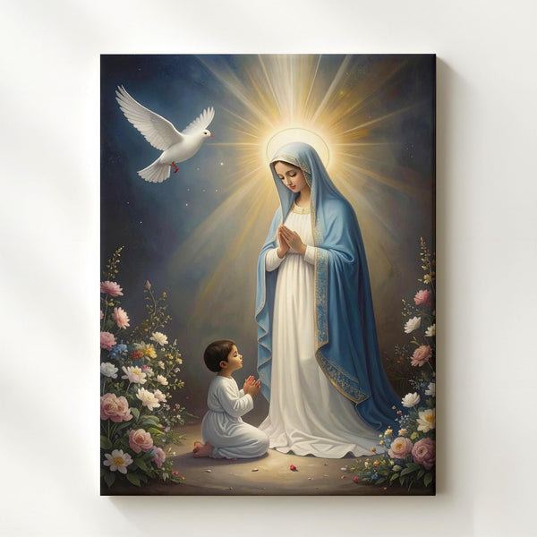 Divine Virgin Mary Vision Canvas – Radiant Apparition with Dove and Child - Gifitto