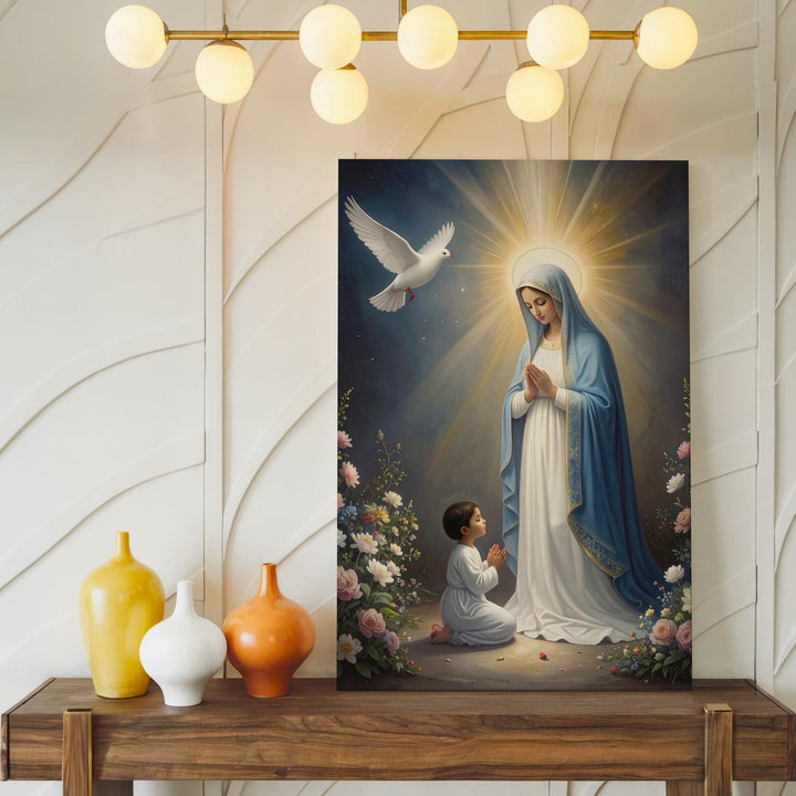 Divine Virgin Mary Vision Canvas – Radiant Apparition with Dove and Child - Gifitto