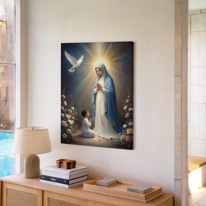 Divine Virgin Mary Vision Canvas – Radiant Apparition with Dove and Child - Gifitto