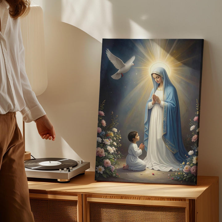 Divine Virgin Mary Vision Canvas – Radiant Apparition with Dove and Child - Gifitto