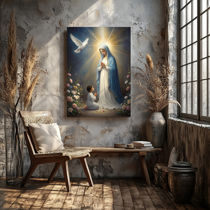 Divine Virgin Mary Vision Canvas – Radiant Apparition with Dove and Child - Gifitto