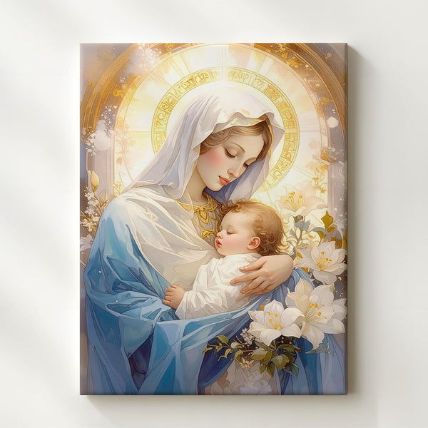 Virgin Mary with Infant Jesus Canvas – Pale Blue Robes & White Lily Surround - Gifitto