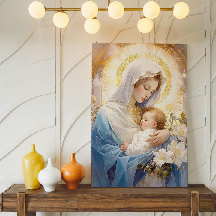 Virgin Mary with Infant Jesus Canvas – Pale Blue Robes & White Lily Surround - Gifitto