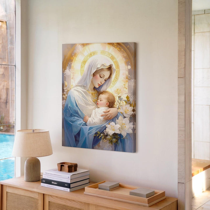 Virgin Mary with Infant Jesus Canvas – Pale Blue Robes & White Lily Surround - Gifitto