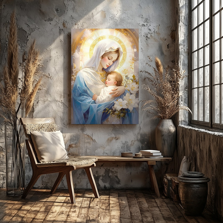 Virgin Mary with Infant Jesus Canvas – Pale Blue Robes & White Lily Surround - Gifitto