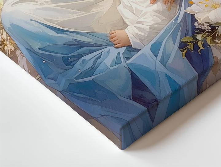 Virgin Mary with Infant Jesus Canvas – Pale Blue Robes & White Lily Surround - Gifitto