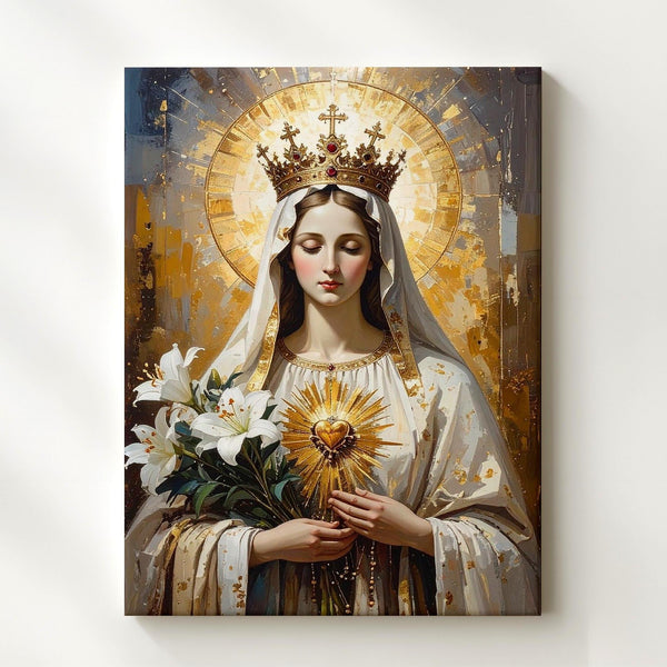 Immaculate Heart of Mary Canvas – Golden Crown, Lilies & Radiant Light - Gifitto