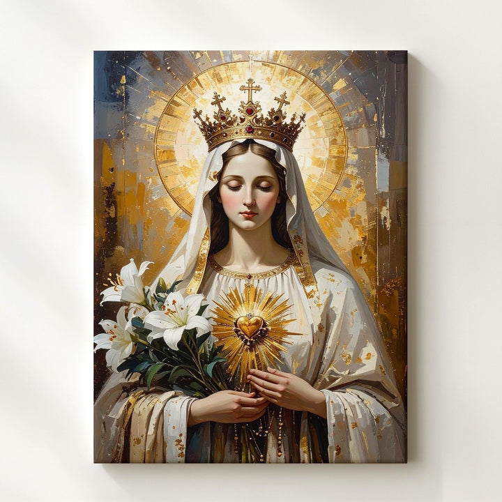 Immaculate Heart of Mary Canvas – Golden Crown, Lilies & Radiant Light - Gifitto