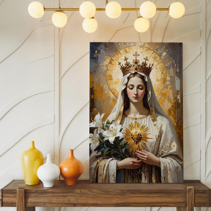 Immaculate Heart of Mary Canvas – Golden Crown, Lilies & Radiant Light - Gifitto