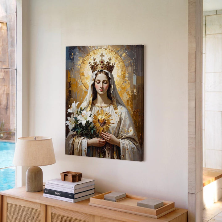 Immaculate Heart of Mary Canvas – Golden Crown, Lilies & Radiant Light - Gifitto