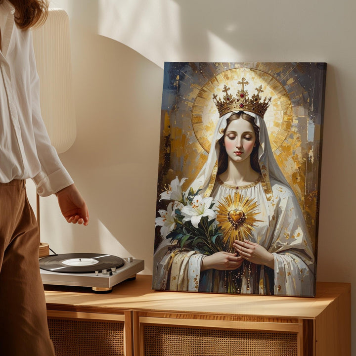 Immaculate Heart of Mary Canvas – Golden Crown, Lilies & Radiant Light - Gifitto