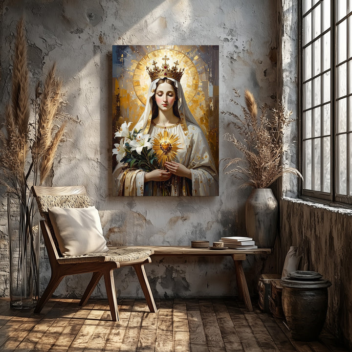 Immaculate Heart of Mary Canvas – Golden Crown, Lilies & Radiant Light - Gifitto