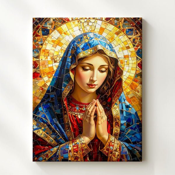 Stained Glass Virgin Mary Canvas – Jewel Tone Mosaic Prayer Icon - Gifitto
