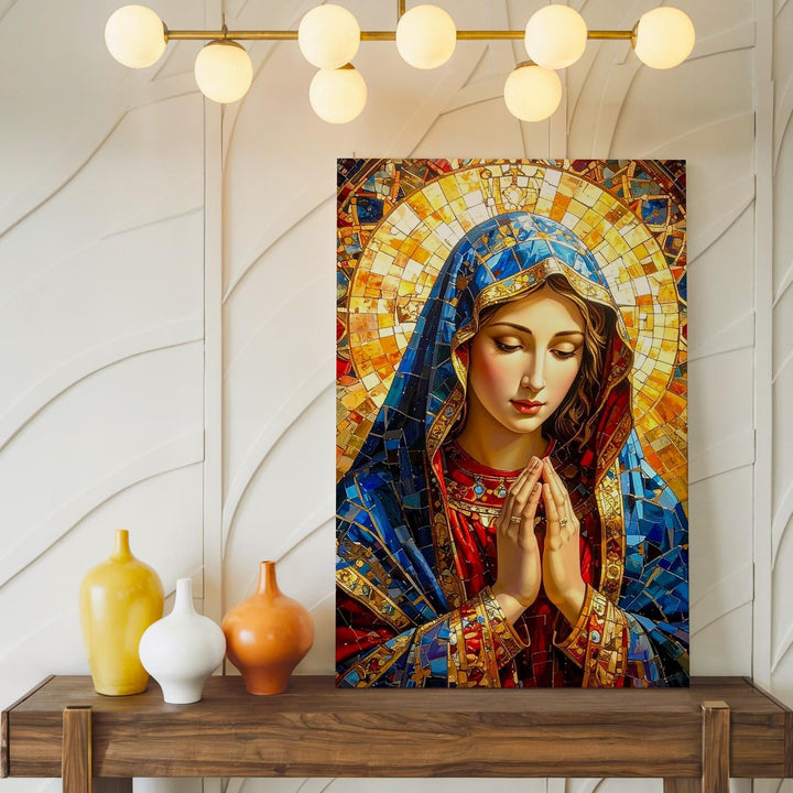 Stained Glass Virgin Mary Canvas – Jewel Tone Mosaic Prayer Icon - Gifitto