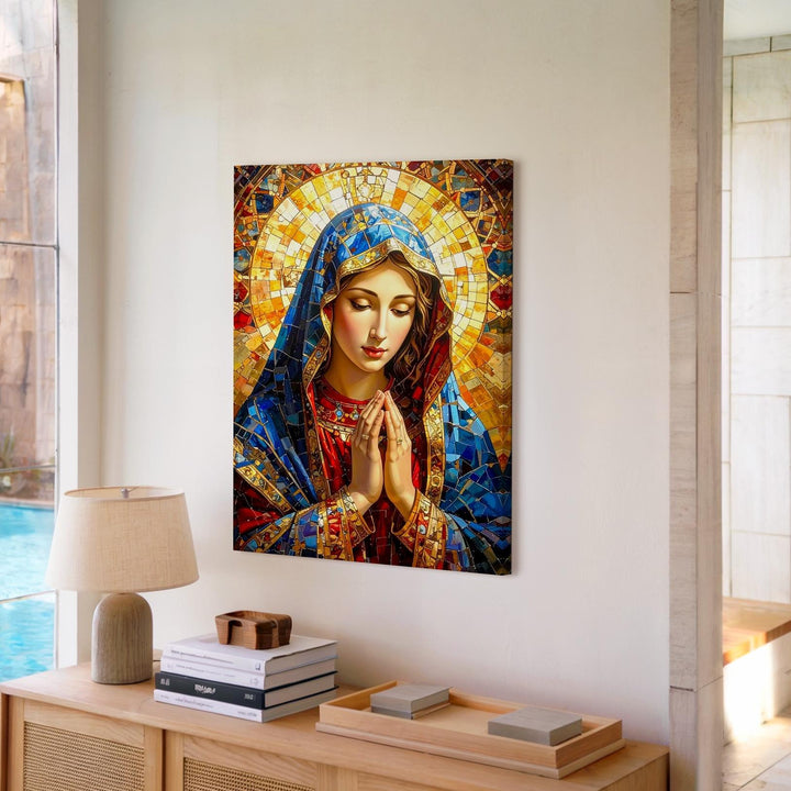 Stained Glass Virgin Mary Canvas – Jewel Tone Mosaic Prayer Icon - Gifitto
