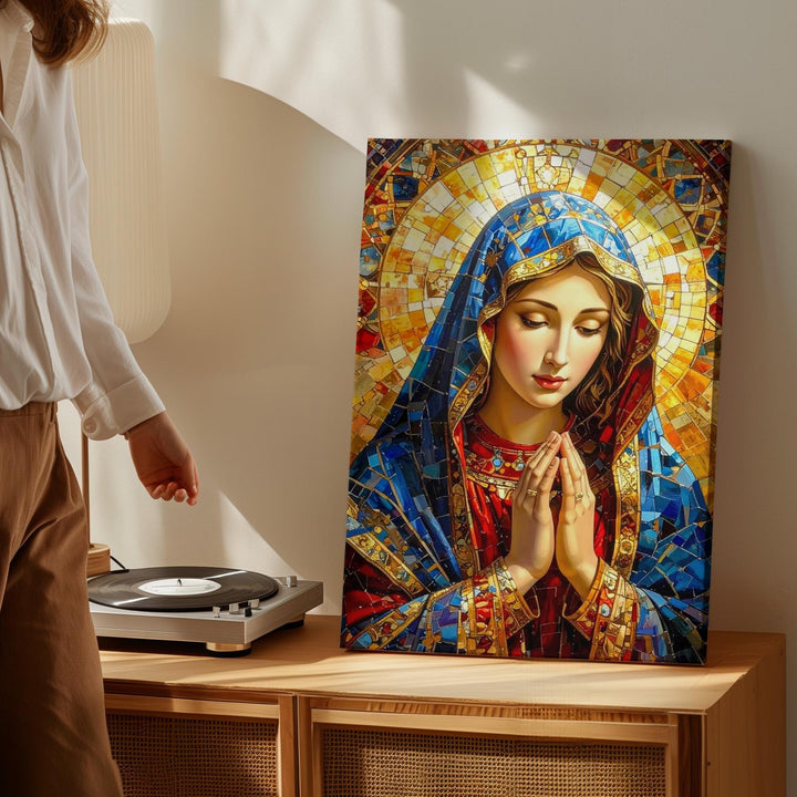 Stained Glass Virgin Mary Canvas – Jewel Tone Mosaic Prayer Icon - Gifitto