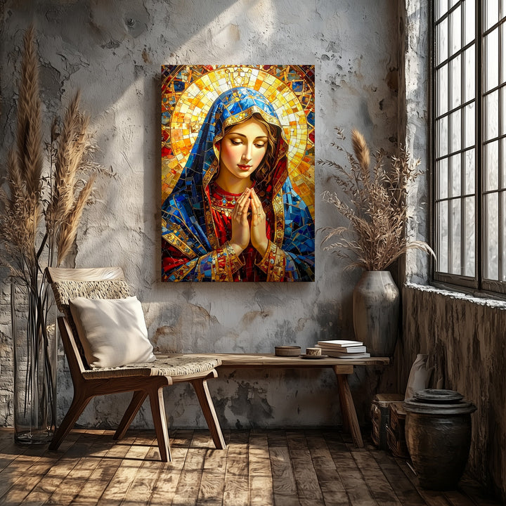 Stained Glass Virgin Mary Canvas – Jewel Tone Mosaic Prayer Icon - Gifitto