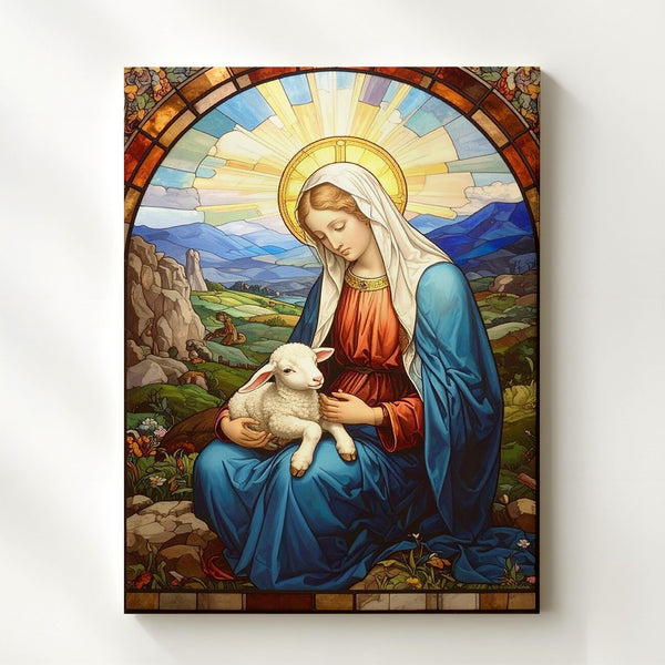 Stained Glass Virgin Mary with Lamb Canvas – Pastoral Mosaic Divine Art - Gifitto