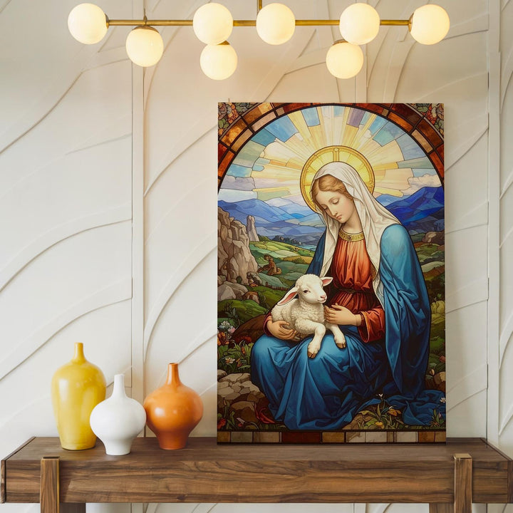 Stained Glass Virgin Mary with Lamb Canvas – Pastoral Mosaic Divine Art - Gifitto