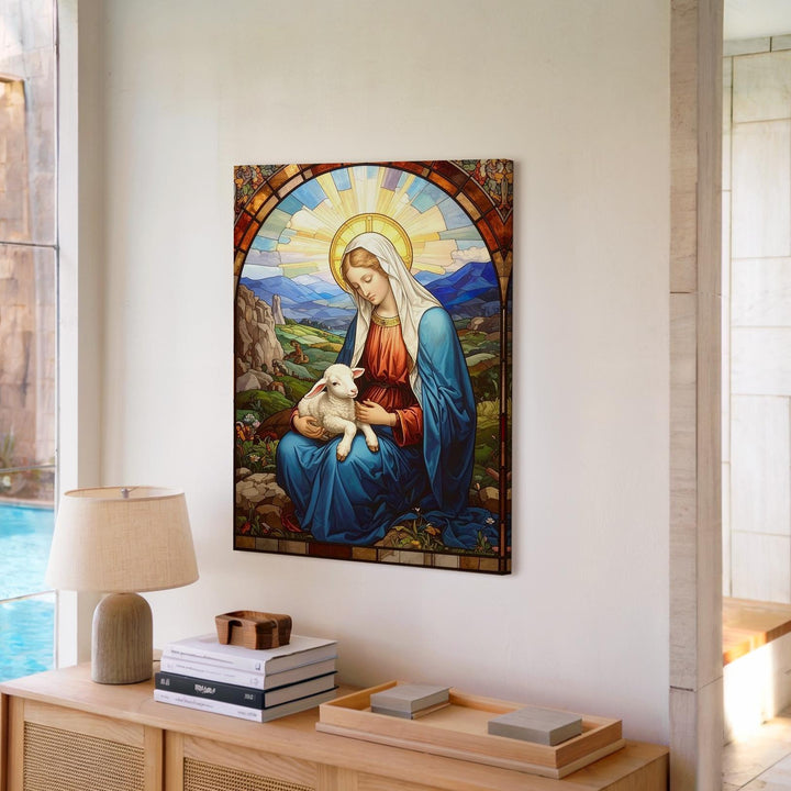 Stained Glass Virgin Mary with Lamb Canvas – Pastoral Mosaic Divine Art - Gifitto