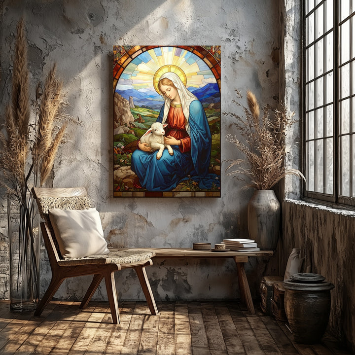 Stained Glass Virgin Mary with Lamb Canvas – Pastoral Mosaic Divine Art - Gifitto
