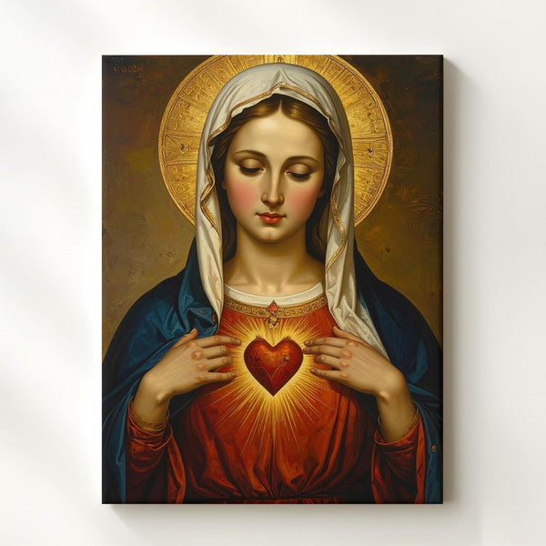 Sacred Heart of Mary Canvas – Classical Icon of Divine Compassion & Light - Gifitto