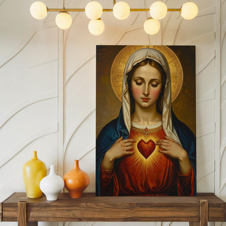Sacred Heart of Mary Canvas – Classical Icon of Divine Compassion & Light - Gifitto