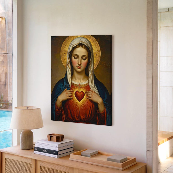 Sacred Heart of Mary Canvas – Classical Icon of Divine Compassion & Light - Gifitto