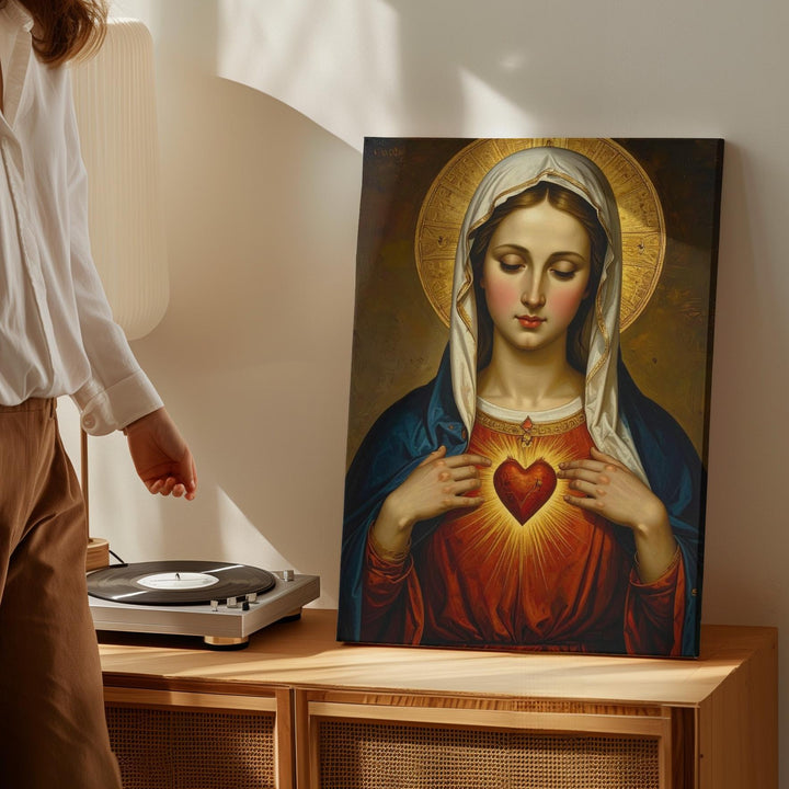 Sacred Heart of Mary Canvas – Classical Icon of Divine Compassion & Light - Gifitto