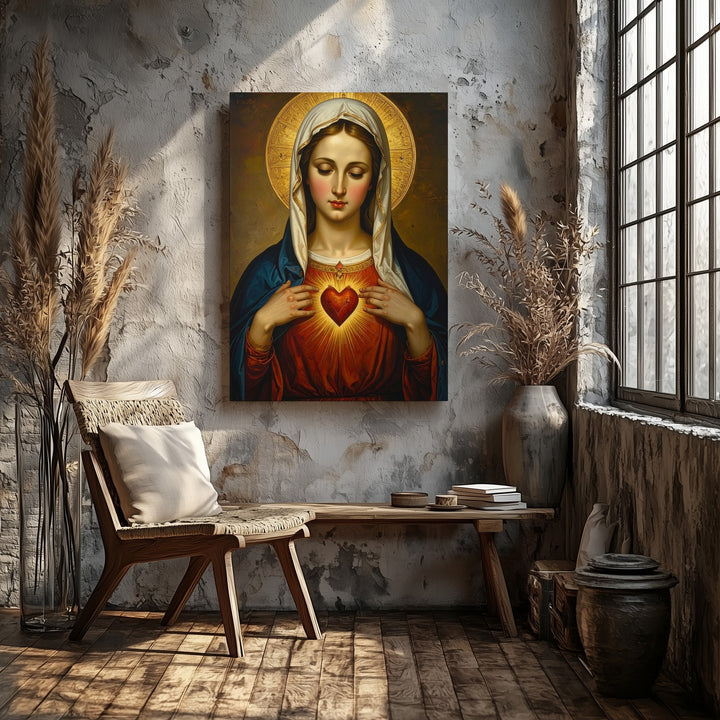 Sacred Heart of Mary Canvas – Classical Icon of Divine Compassion & Light - Gifitto
