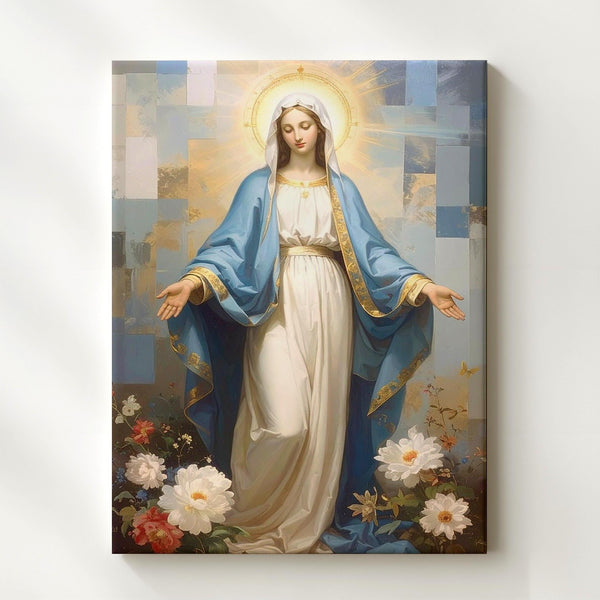 Graceful Virgin Mary Canvas – Extended Arms with Pastel Abstract Light - Gifitto