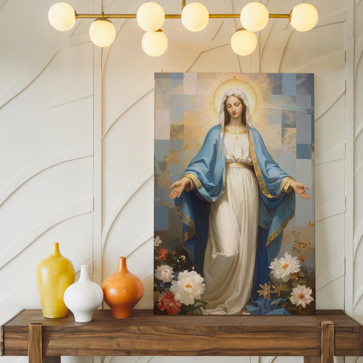 Graceful Virgin Mary Canvas – Extended Arms with Pastel Abstract Light - Gifitto