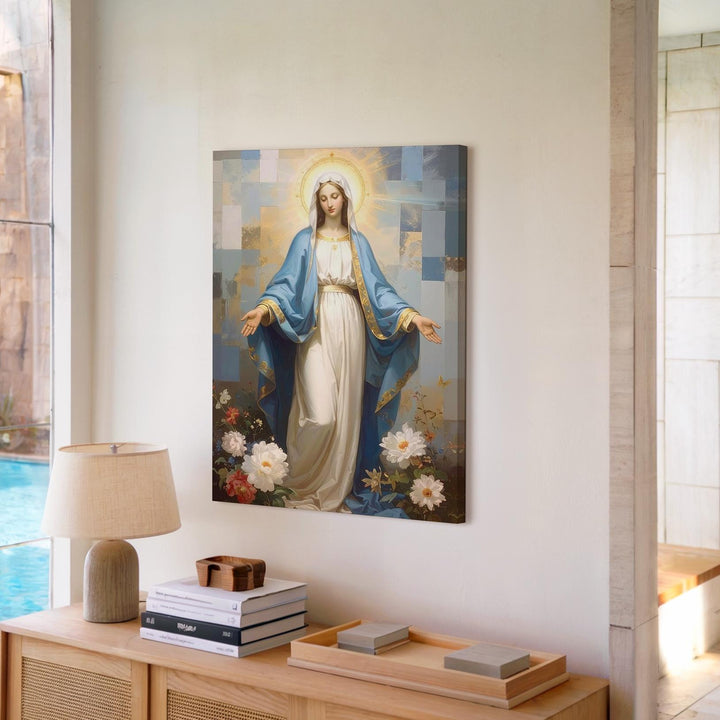 Graceful Virgin Mary Canvas – Extended Arms with Pastel Abstract Light - Gifitto