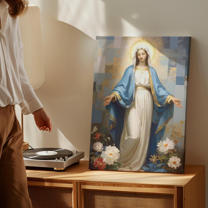 Graceful Virgin Mary Canvas – Extended Arms with Pastel Abstract Light - Gifitto