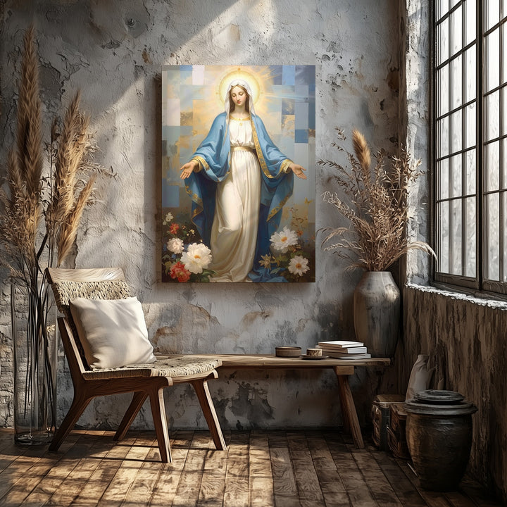 Graceful Virgin Mary Canvas – Extended Arms with Pastel Abstract Light - Gifitto