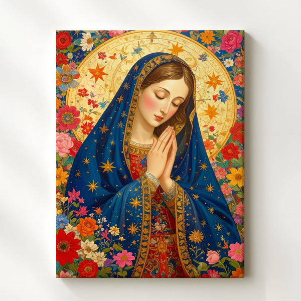 Floral Virgin Mary Canvas – Ornate Devotional Art with Blossoms & Light - Gifitto