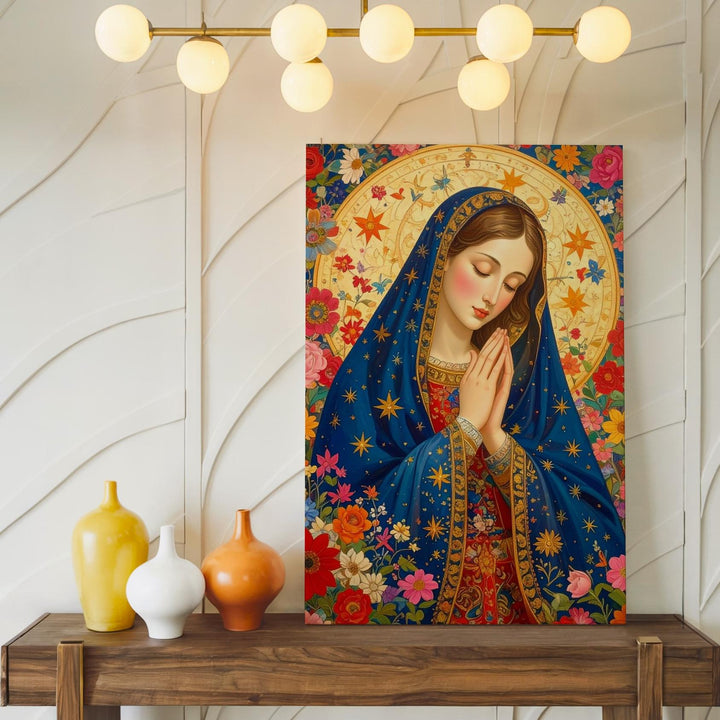 Floral Virgin Mary Canvas – Ornate Devotional Art with Blossoms & Light - Gifitto