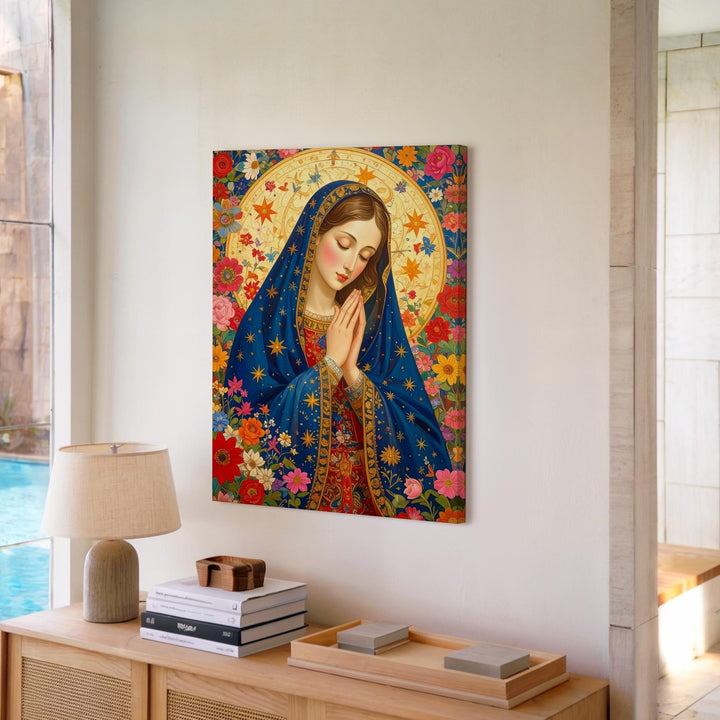 Floral Virgin Mary Canvas – Ornate Devotional Art with Blossoms & Light - Gifitto