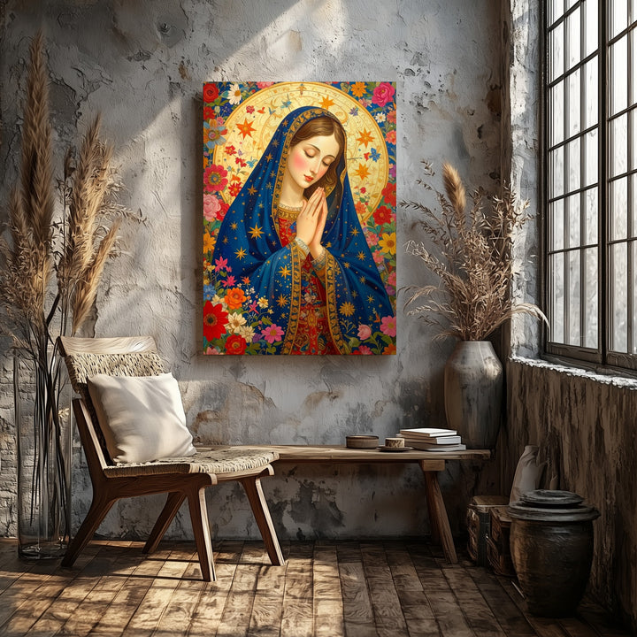 Floral Virgin Mary Canvas – Ornate Devotional Art with Blossoms & Light - Gifitto