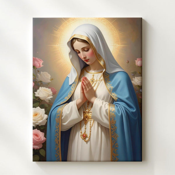 Praying Virgin Mary Canvas – Blue & White Robe with Roses and Divine Light - Gifitto